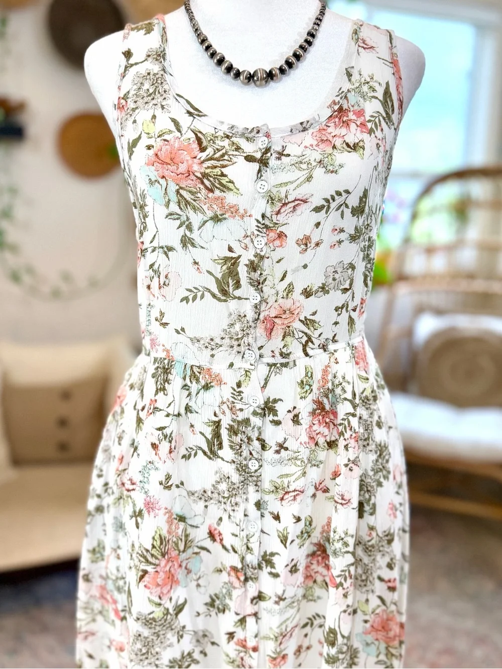 FRYE Dress White Pink Green Floral Sundress Button Front Midi Spring Summer M - Picture 3 of 8